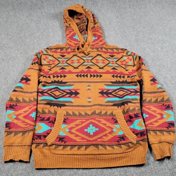 American Eagle Outfitters Hoodie Mens Medium Brown Aztec Southwest Knit Pullover - Picture 2 of 8